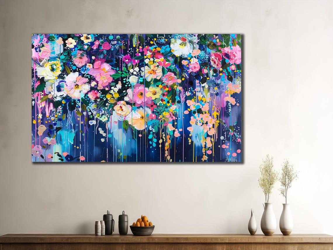 Vibrant Abstract Floral Garden Midnight Blue Dripping Paint Art Poster - Image 3