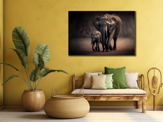 Mother Elephant Baby Calf Walking Together Wildlife Art Wall Poster