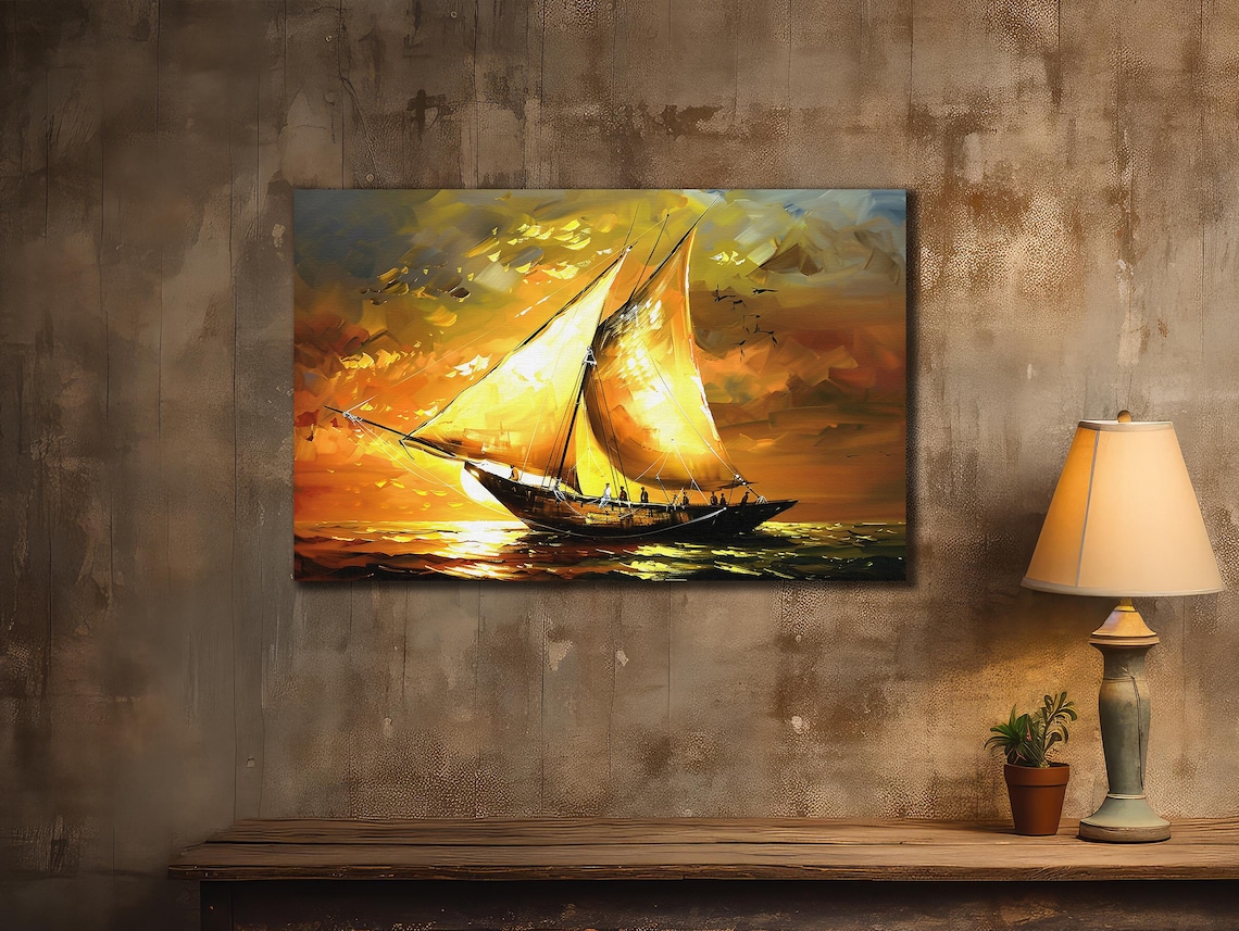 Golden Sailing Ship Sunset Sea Fiery Orange Ocean Oil Painting Poster