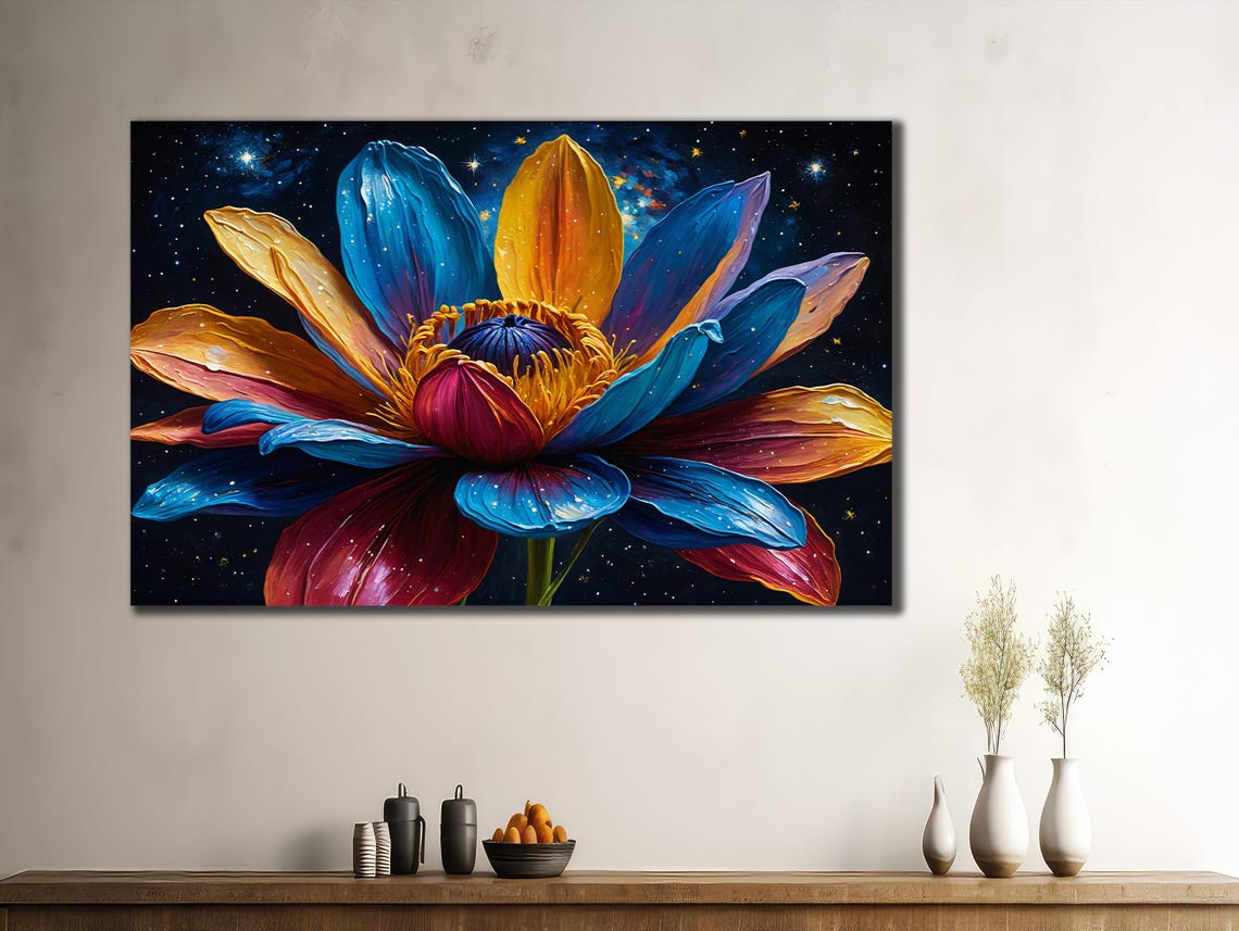 Rainbow Flower Explosion Starry Night Botanical Wall Art Poster - Image 2