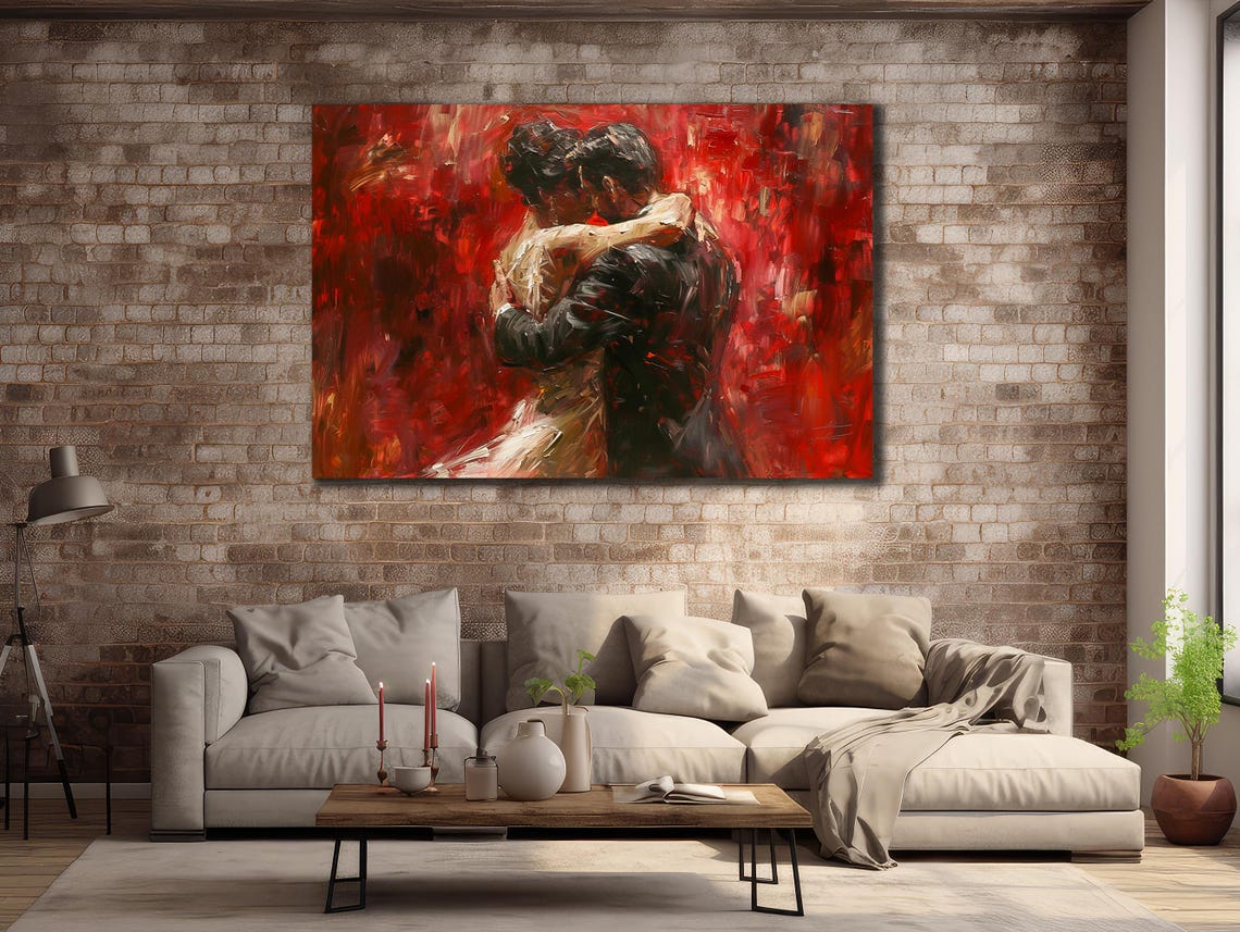 Passionate Tango Dancing Couple Embracing Red Abstract Love Art Poster