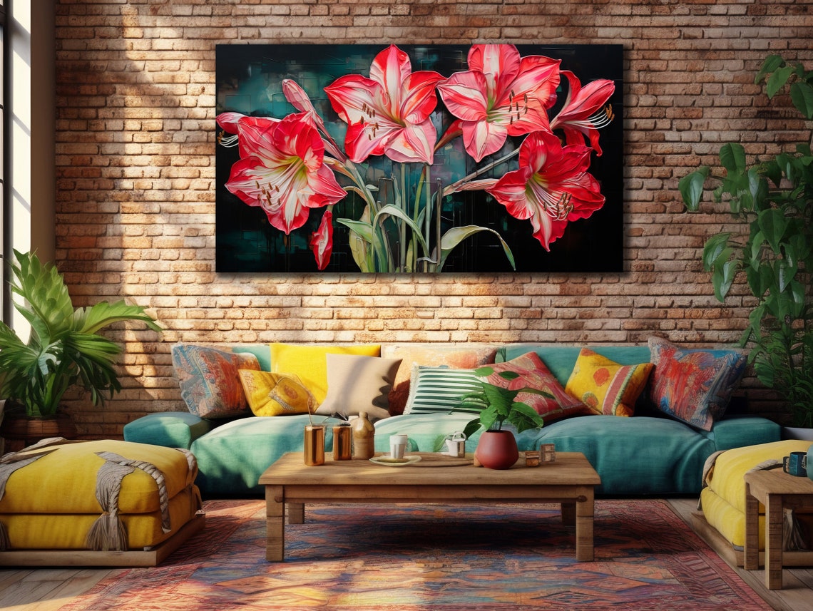 Red Amaryllis Flowers Dark Background Bold Floral Wall Art Print