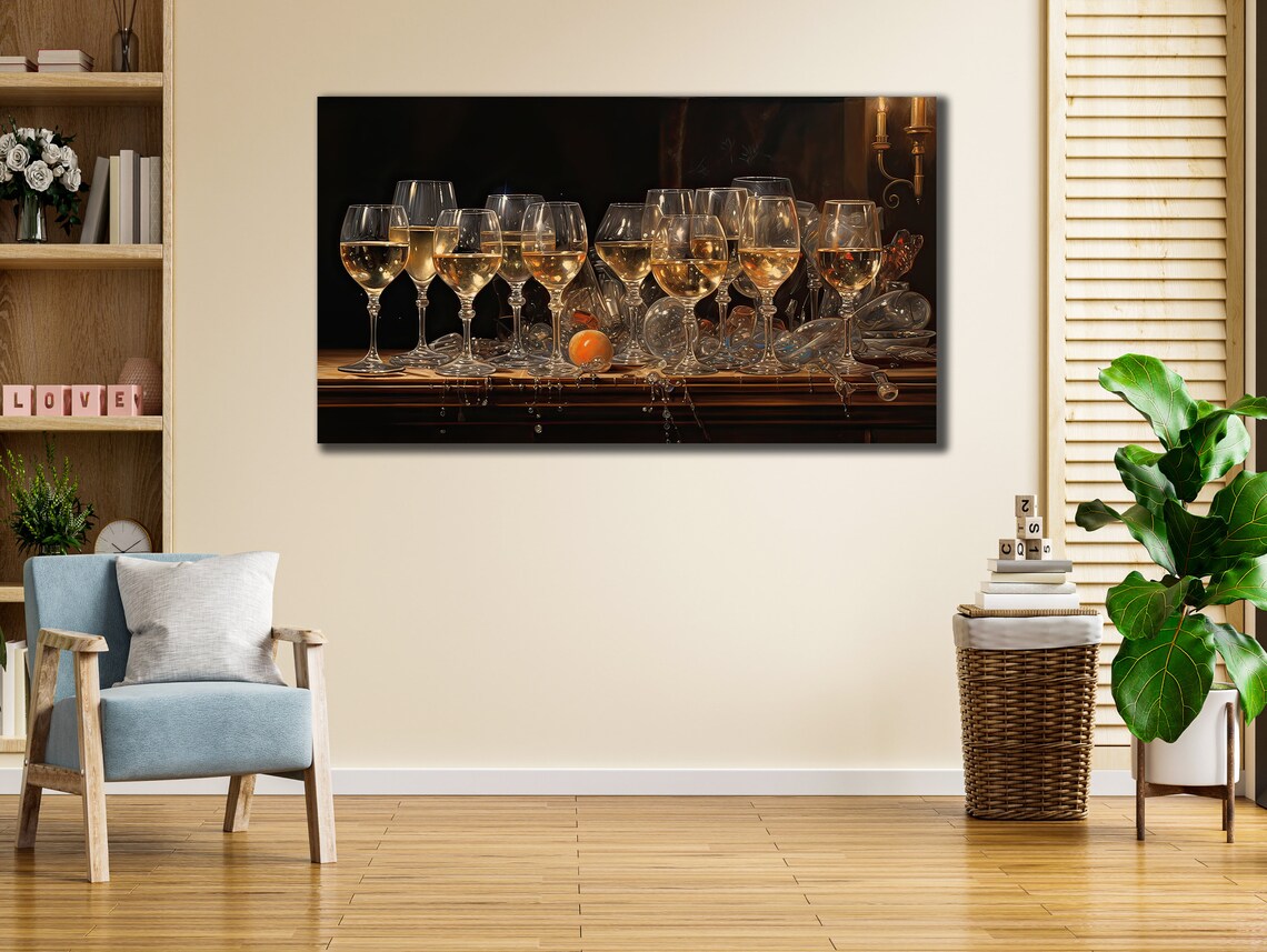 White Wine Glasses On Dark Bar Photorealistic Still Life Painting Poster - Image 3