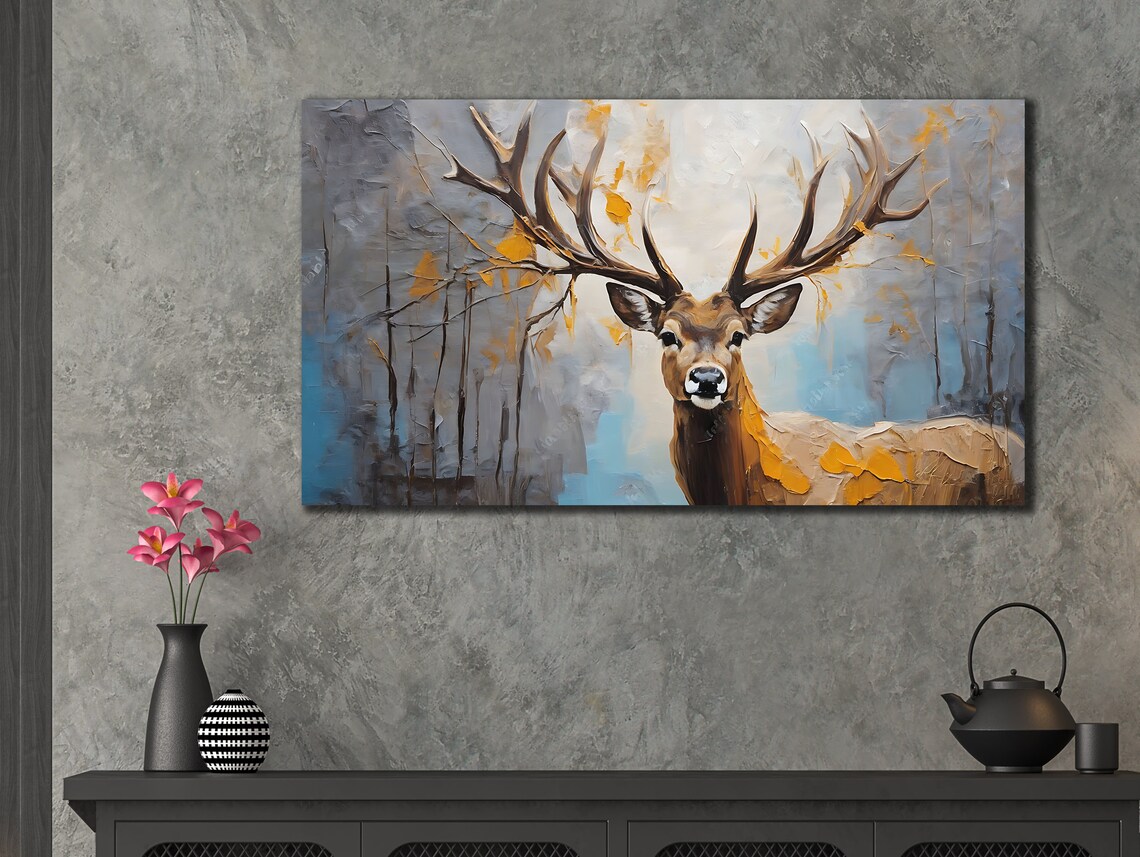 Majestic Stag Antlers Abstract Blue Gray Forest Wildlife Wall Art Print - Image 3