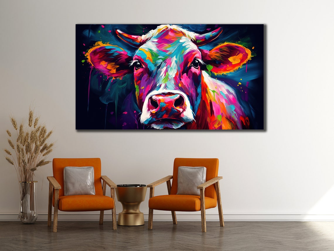 Colorful Cow Printing Cow Wall Decor Abstract Animal Wall Art Painting On Colorful Animal Art Farmhouse For Gifts - Image 3