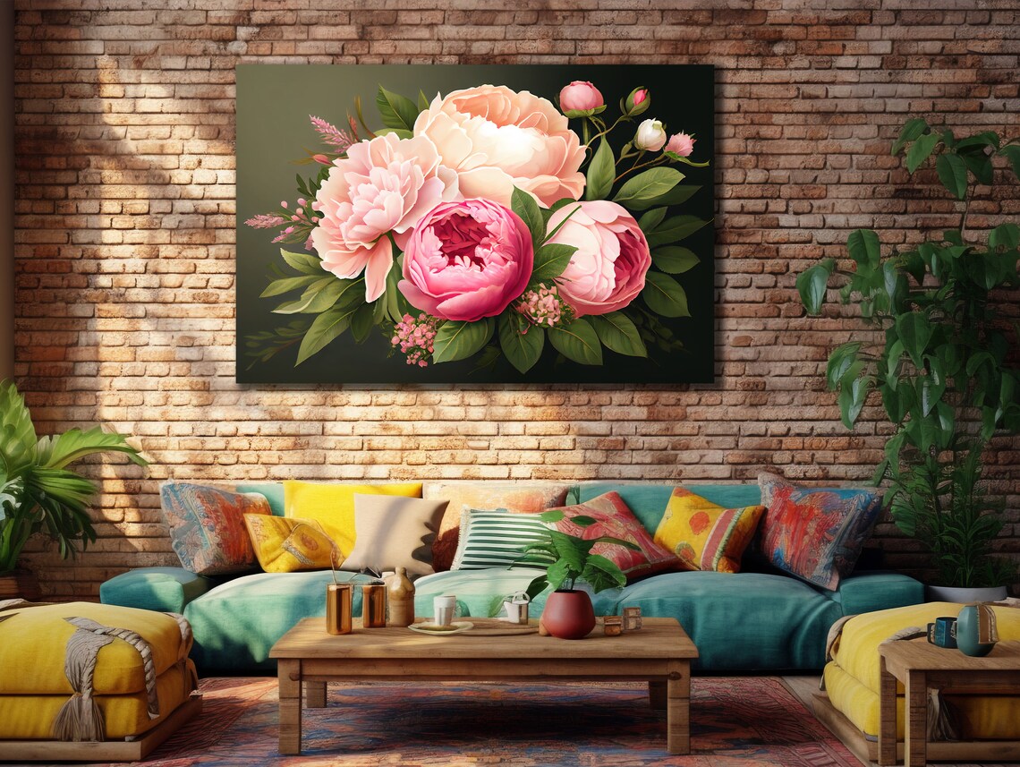 Pink Peonies Roses Bouquet Dark Background Lush Floral Art Poster