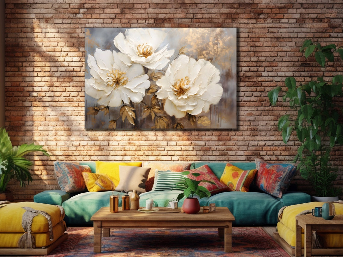 White Gold Flowers Soft Elegant Floral Painting Wall Decor Poster - Image 3