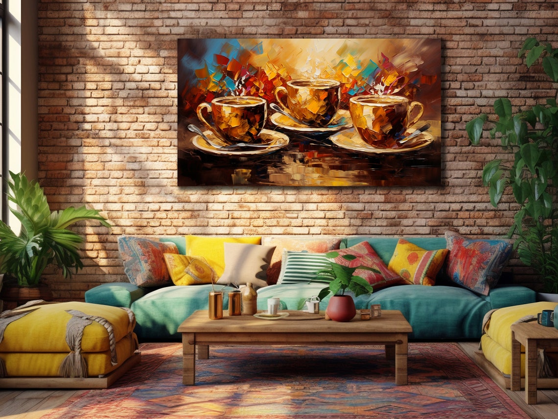 Three Golden Coffee Cups Palette Knife Kitchen Cafe Wall Art Print