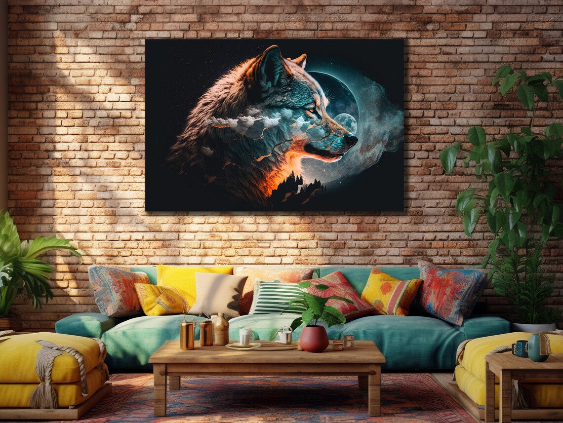 Wolf Head Double Exposure Moon Mountains Cosmic Wildlife Wall Art Print