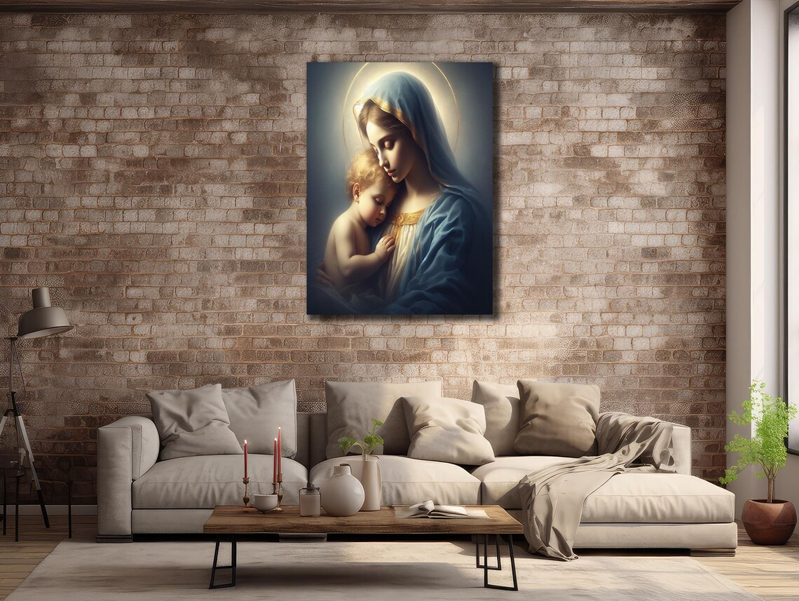Virgin Mary Tender Embrace Baby Jesus Blue Veil Devotional Wall Art Print Poster - Image 2