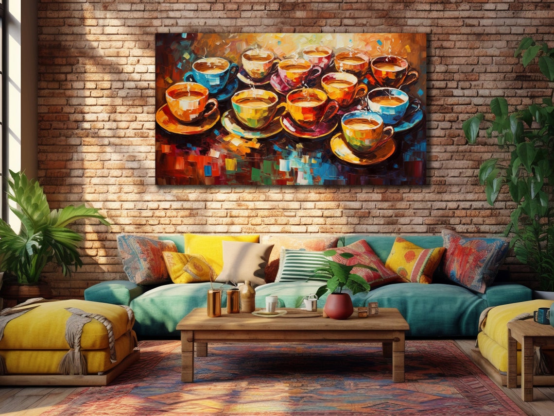Rows Of Colorful Coffee Cups Impasto Kitchen Decor Painting Poster