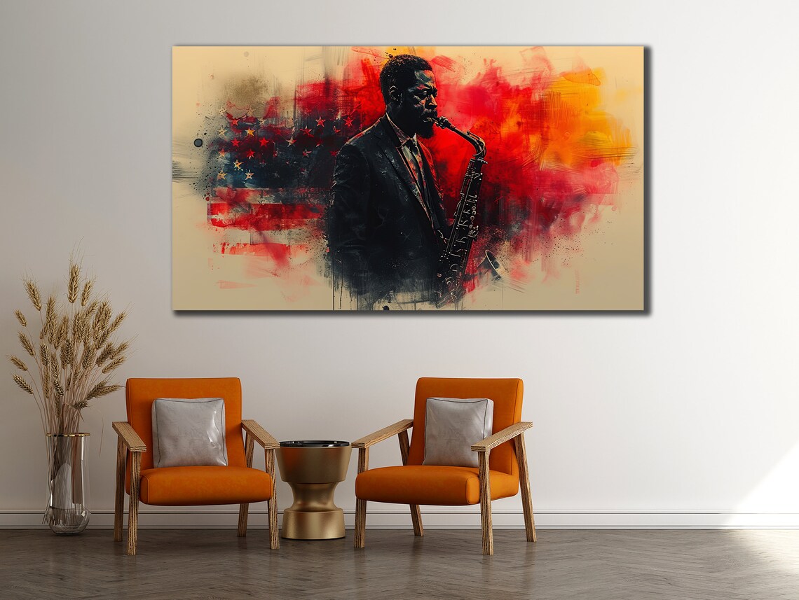 Saxophone Jazz Musician American Flag Watercolor Abstract Music Poster - Image 2