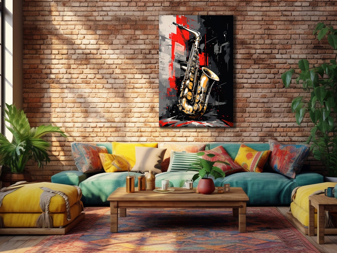 Golden Saxophone Red Black Gray Abstract Jazz Instrument Poster - Image 3