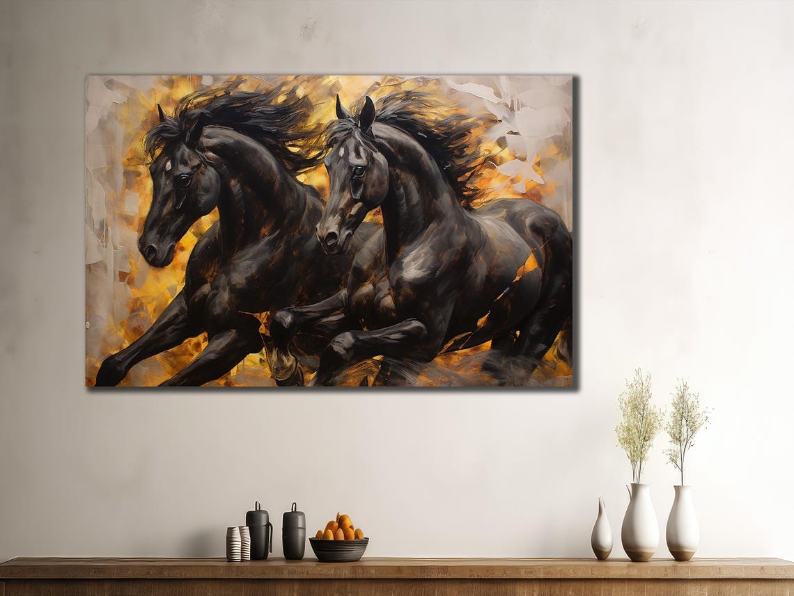 Black Horses Running Fiery Golden Flames Dramatic Equestrian Poster - Image 3
