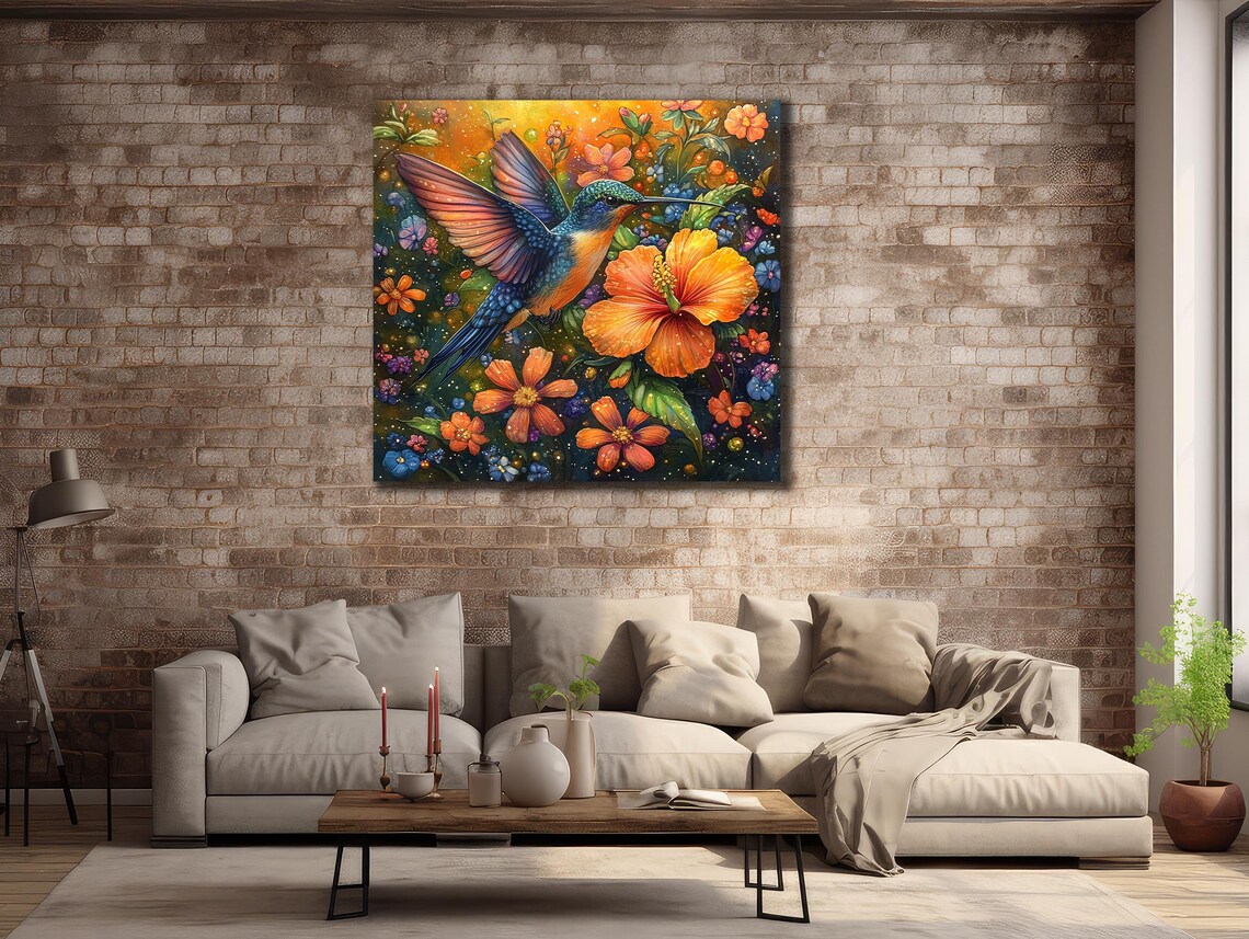 Blue Hummingbird With Orange Hibiscus Flowers Tropical Garden Print - Image 2
