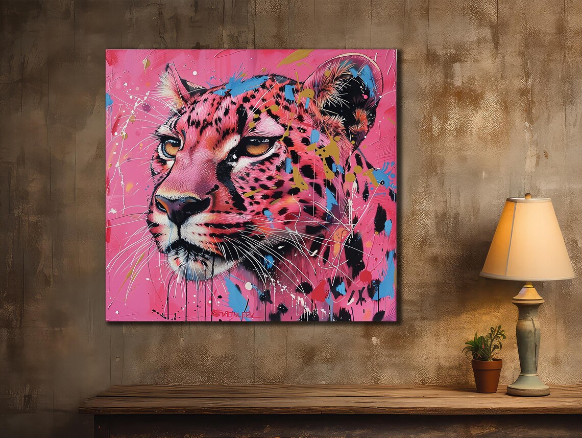 Pink Leopard Face Pop Art Graffiti Paint Splatter Big Cat Wall Art Print Poster