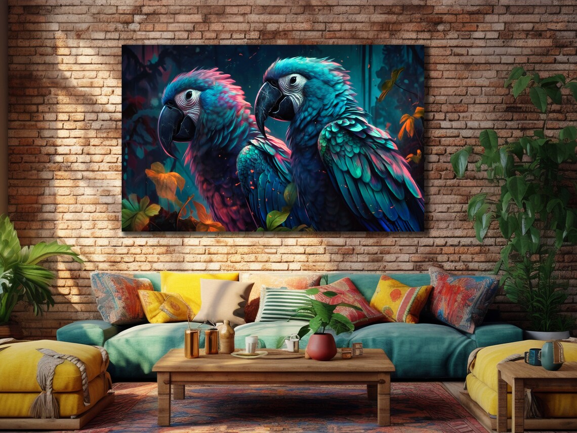 Blue Macaw Parrots Pair Dark Jungle Neon Tropical Bird Art Poster