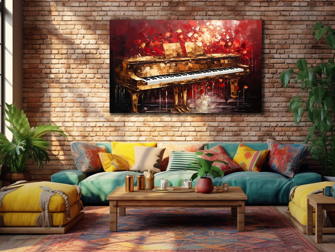 Grand Piano Oil Painting Red Background Classical Music Instrument Wall Poster - Image 2