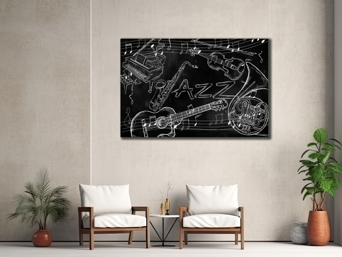 Jazz Instruments Chalkboard Sketch Black White Vintage Music Wall Print - Image 3