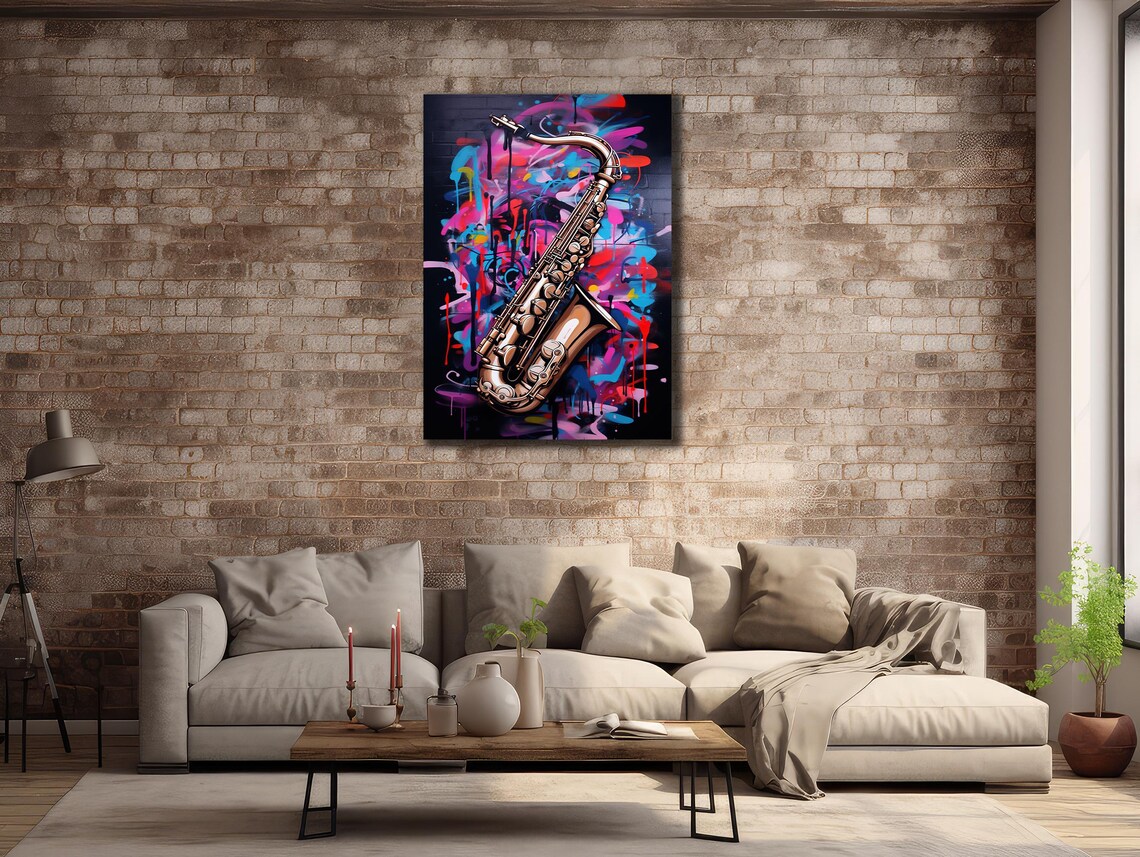 Neon Pop Art Saxophone on Graffiti Splash Jazz Music Instrument Poster - Image 2