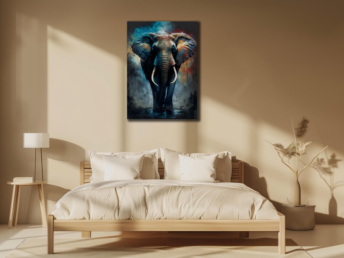 Elephant Standing Teal Blue Orange Watercolor Abstract Art Poster - Image 3