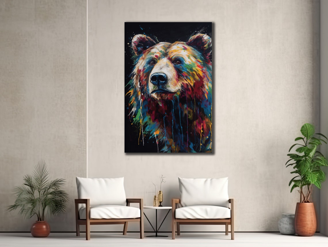 Bear Face Black Background Rainbow Drip Wildlife Wall Art Print