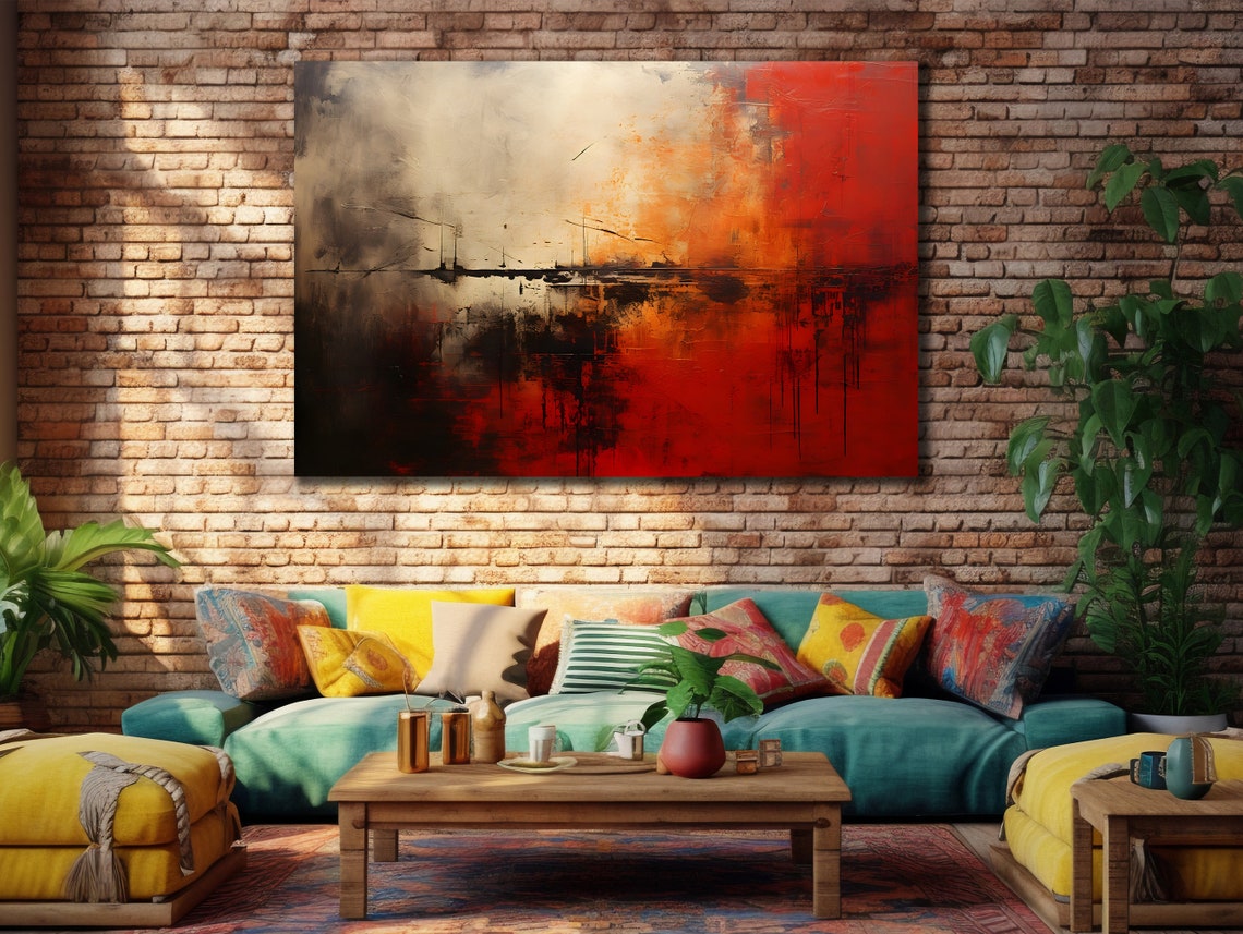 Red Orange Yellow Abstract Drip Painting Bold Modern Canvas Poster