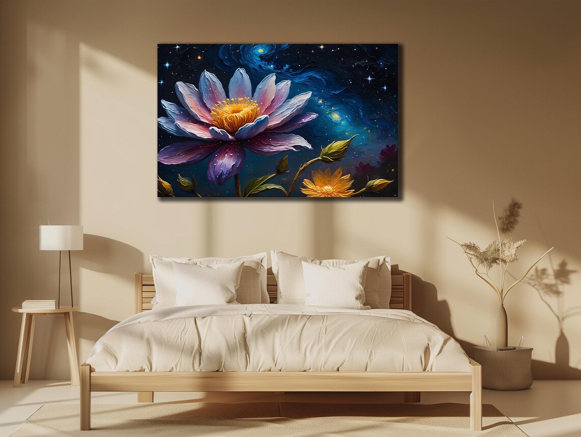 Pink Lotus Flower Starry Night Sky Cosmic Floral Wall Art Poster - Image 2