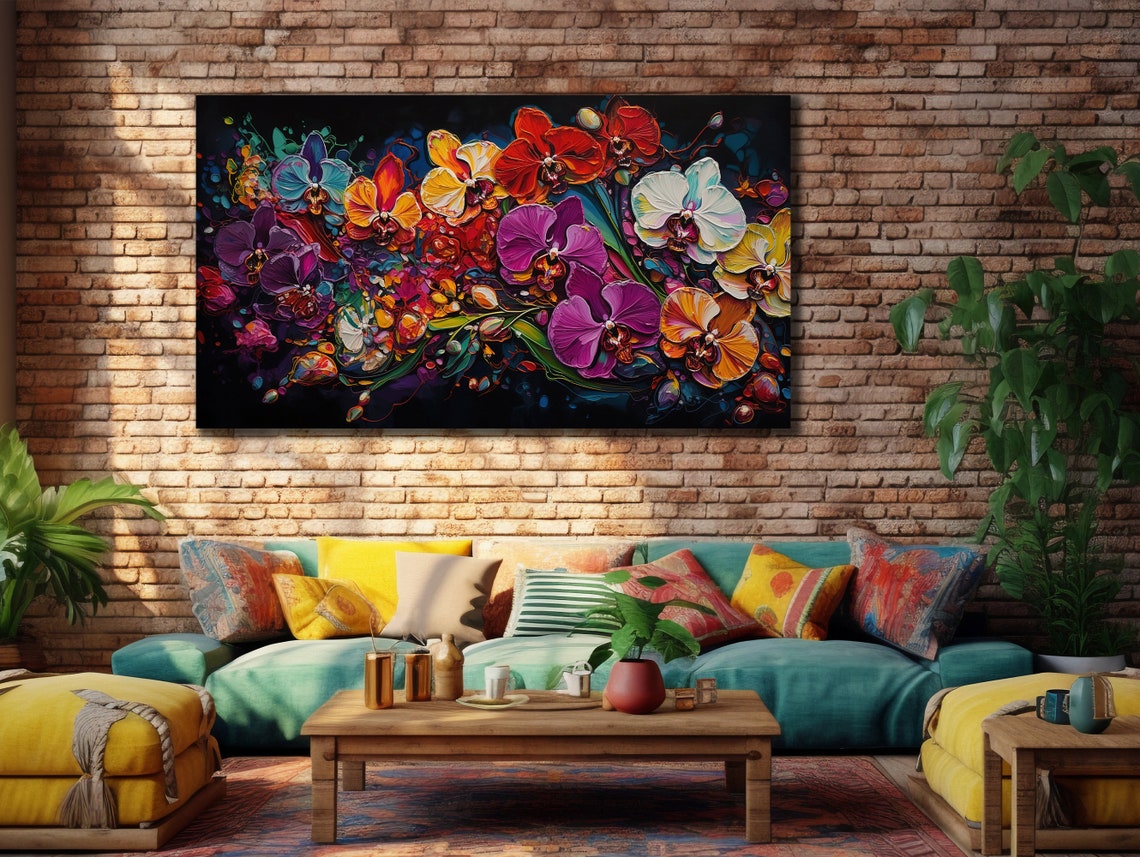 Colorful Orchids Black Background Vibrant Floral Oil Painting Poster - Image 3