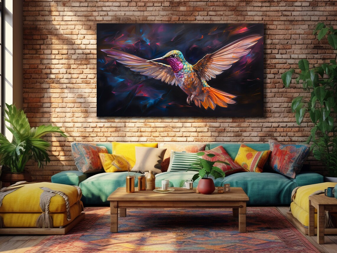 Colorful Hummingbird In Flight Dark Background Wildlife Art Poster