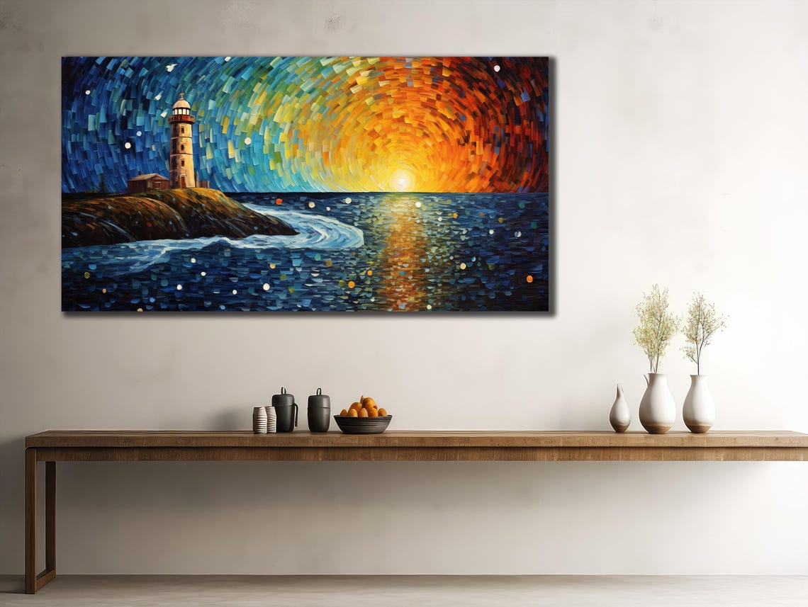 Lighthouse Sunset Mosaic Pointillist Starry Ocean Seascape Wall Poster - Image 2