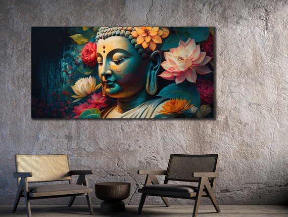 Buddha Face Among Lotus Flowers Teal Colorful Serene Wall Art Poster