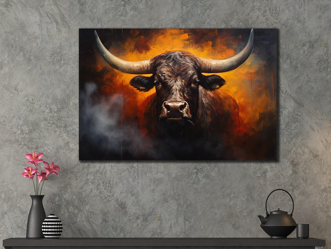 Longhorn Bull Smoky Orange Dramatic Animal Portrait Wall Art Print - Image 2