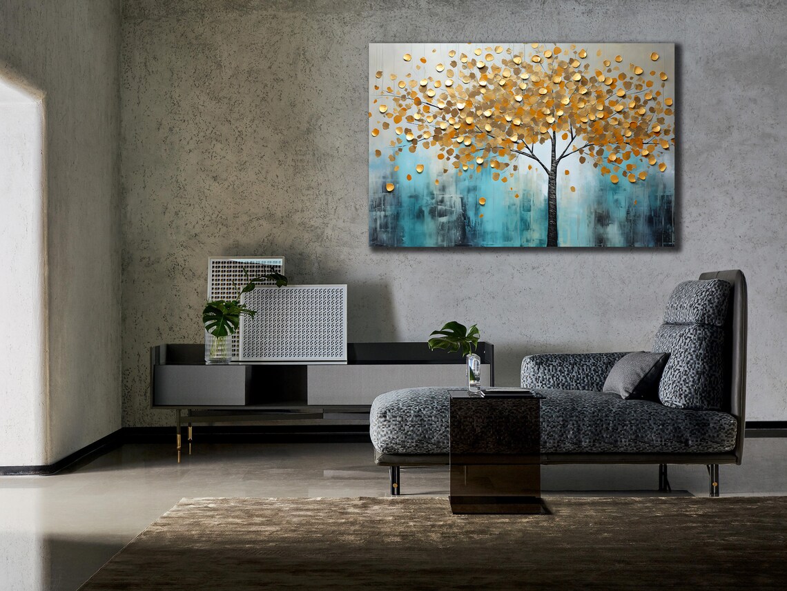 Golden Coin Tree Turquoise Blue Background Textured Wall Art Poster - Image 2