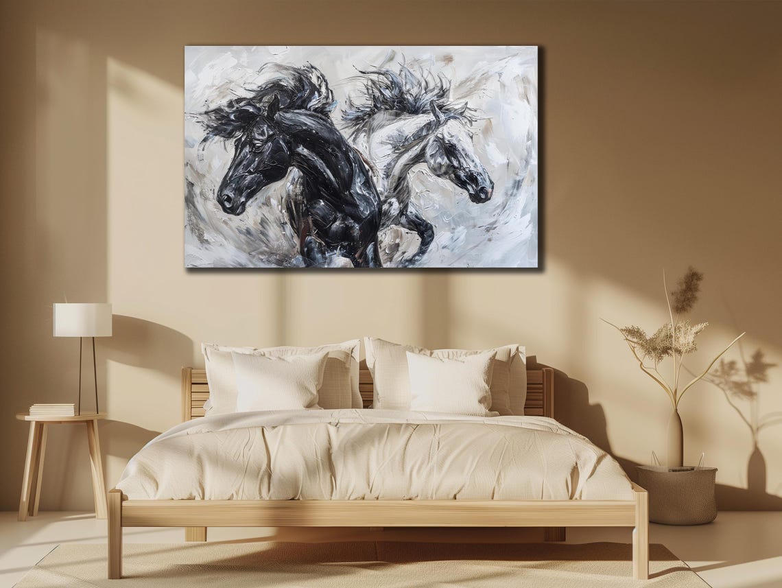 Black White Horses Running Side by Side Monochrome Equestrian Print - Image 3