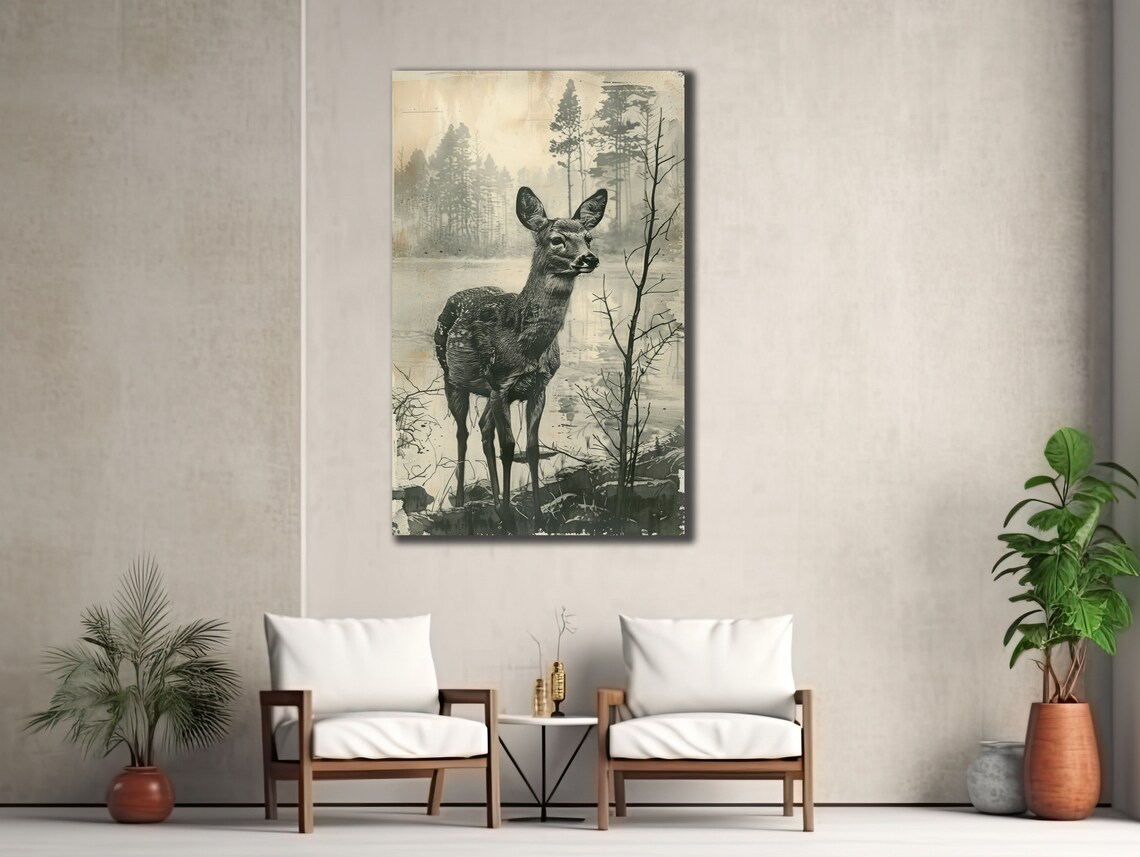 Vintage Sepia Deer By Misty Lake Forest Vertical Wildlife Art Poster