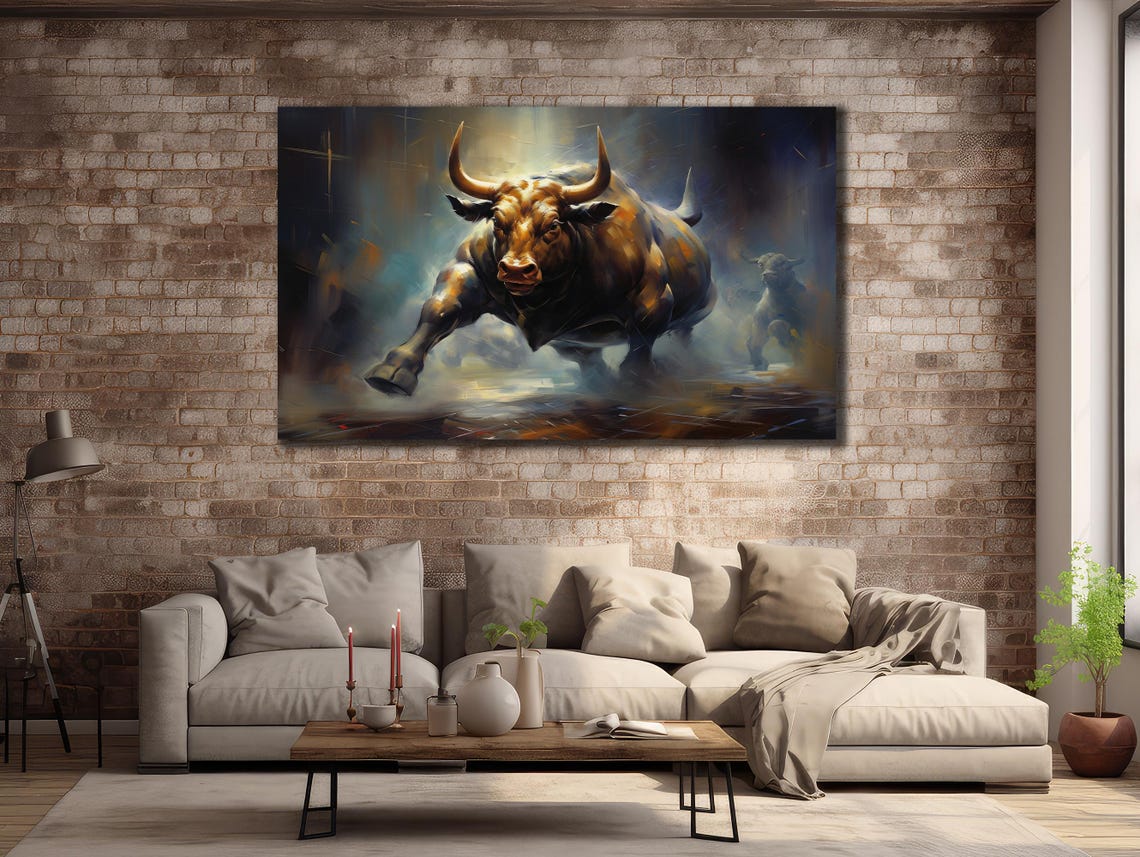 Brown Bull Running Through Misty Blue Night Dramatic Art Poster - Image 2