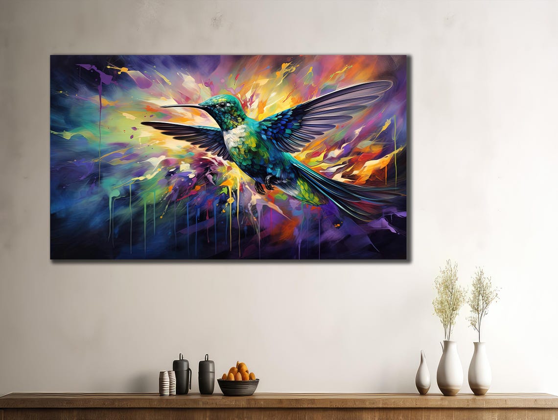 Colorful Hummingbird Flight Paint Splash Abstract Bird Wall Art Poster - Image 2