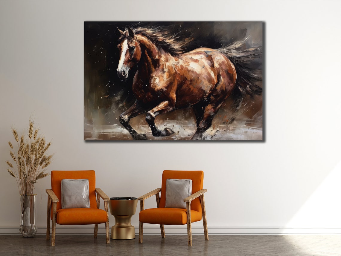 Galloping Brown Horse Dynamic Oil Painting Dark Wall Art Poster