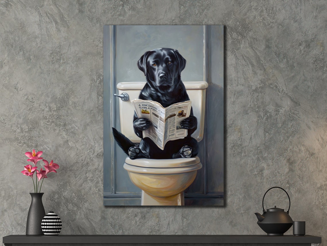 Funny Black Dog Reading Newspaper Sitting on Toilet Bathroom Print