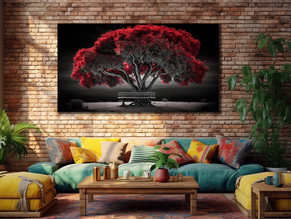 Tree Painting On Red Tree Wall Art Nature Wall Decor Landscape Painting Poster Ready To Hang Decoration Red Tree Printing