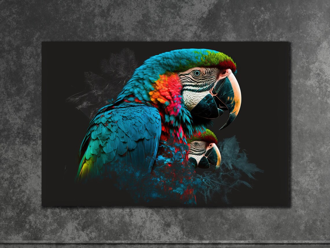 Vivid Blue and Red Macaw Parrots Pair on Black Background Art Poster