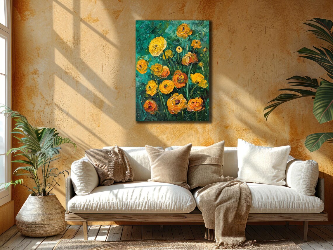 Vibrant Yellow Ranunculus Teal Green Background Joyful Floral Poster - Image 2