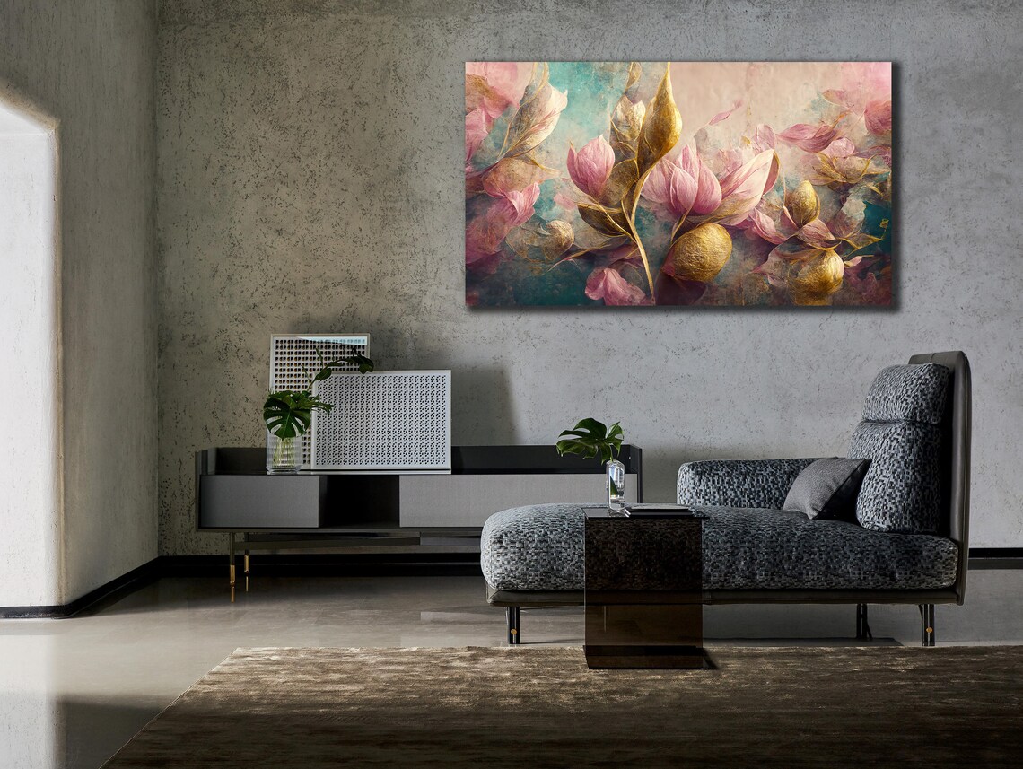 Pink Magnolia Blossoms Gold Leaves Luxe Floral Wall Art Poster - Image 2