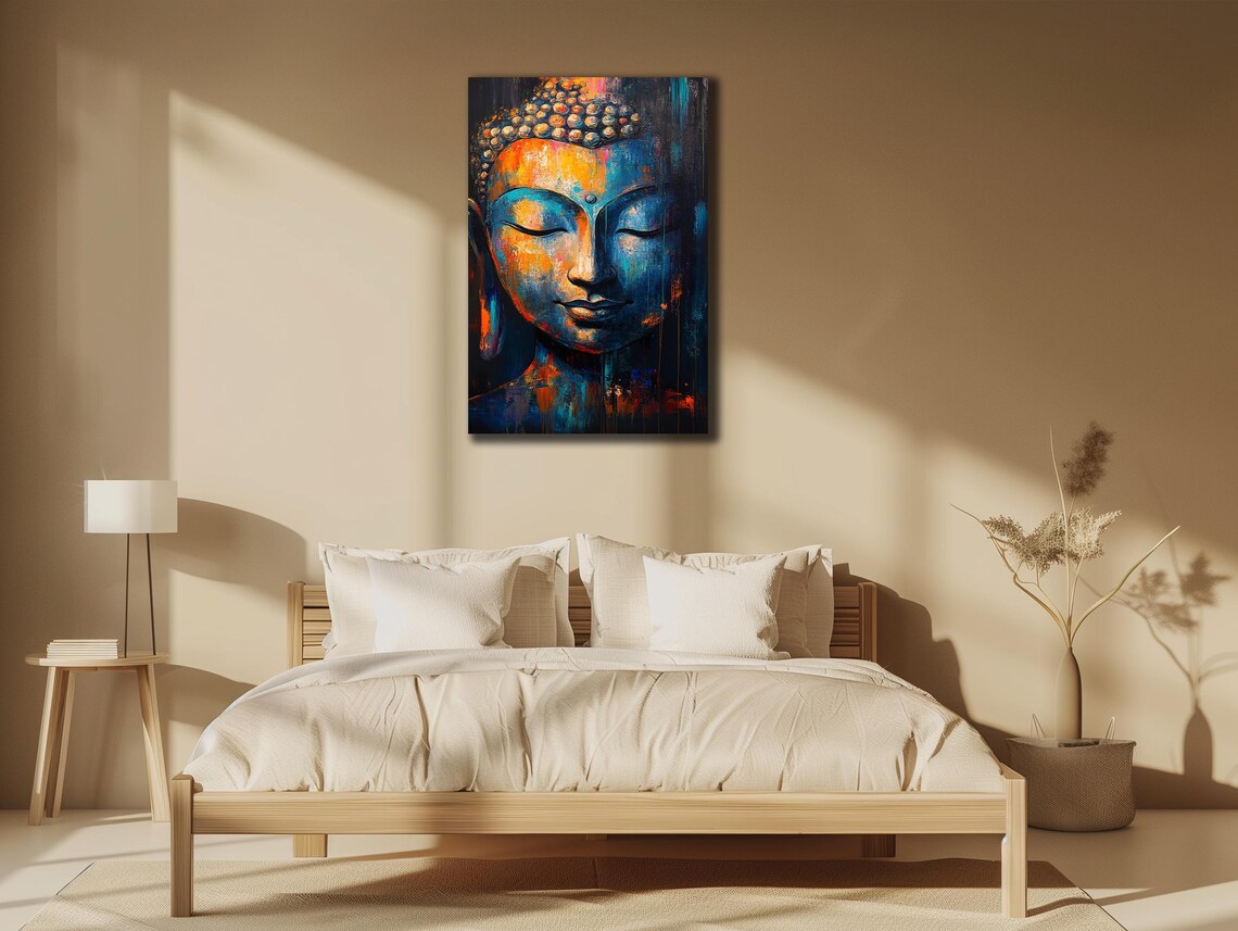 Colorful Buddha Face Blue Orange Abstract Zen Meditation Art Poster - Image 3