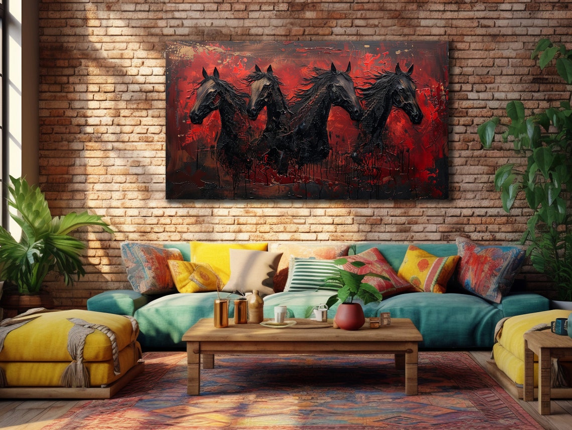 Black Horses Red Abstract Oil Painting Dramatic Equine Art Poster