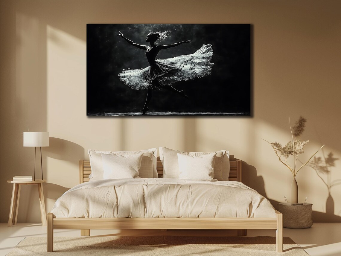 Ballerina Dancer Silhouette Flowing Skirt Dramatic Black White Art Poster
