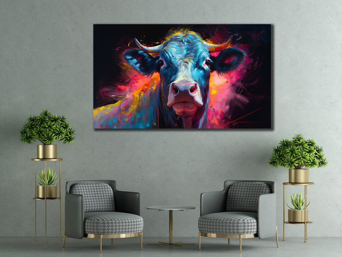 Blue Neon Cow Face With Pink Splashes Abstract Animal Portrait Poster - Image 2