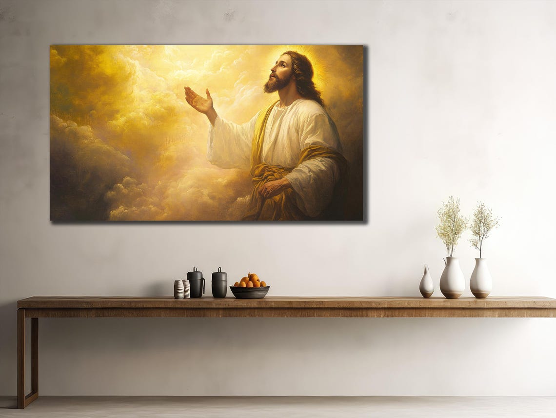 Jesus Christ Golden Clouds Heavenly Light Religious Faith Wall Poster - Image 2