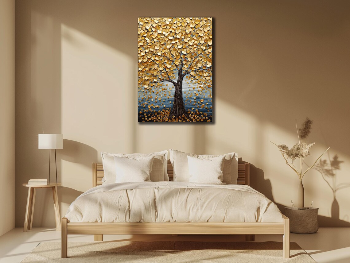 Golden Tree Falling Coins Leaves Blue Textured Oil Painting Poster - Image 3